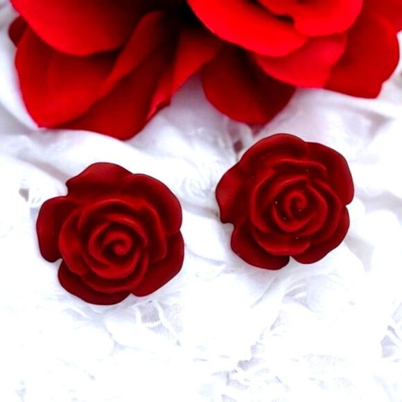 Small Red Rose Earrings Pierced Ear Stud Post Women's Jewelry Gift Romantic Love - Picture 1 of 6